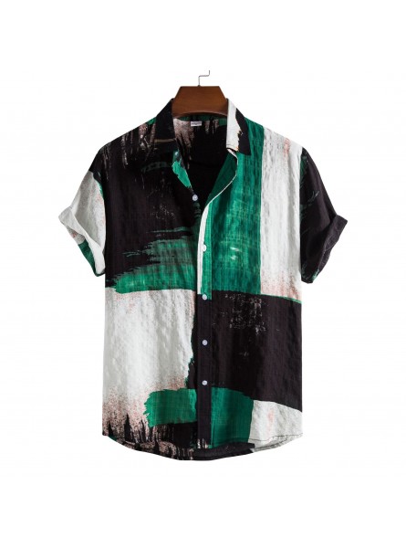 Men Casual Short Sleeve Lapel Single-breasted Color Blocking Plaid Printed Shirt