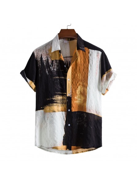 Men Casual Short Sleeve Lapel Single-breasted Color Blocking Plaid Printed Shirt