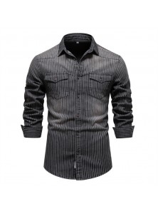 Men Casual Striped Lapel Slim Fit Long Sleeve Denim Shirt