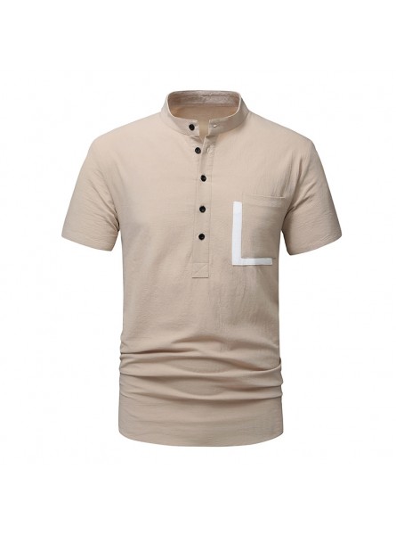 Men'S Casual Stand Collar Short-Sleeved Cotton And Linen Color Matching Shirt