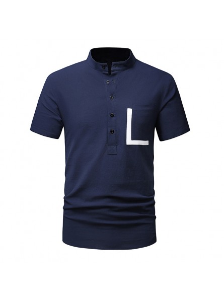 Men'S Casual Stand Collar Short-Sleeved Cotton And Linen Color Matching Shirt