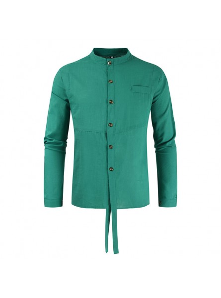 Men Fashion Solid Color Stand Collar Loose Cotton Linen Long Sleeve Shirt