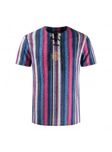 Men Fashion Round Stripe Striped Cotton Linen Embroidered Short Sleeve Shirt