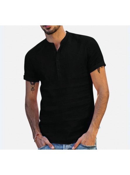 Men Stand Collar Short Sleeve V-Neck Cotton Linen Shirt