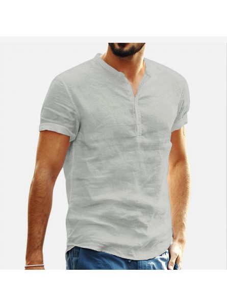 Men Stand Collar Short Sleeve V-Neck Cotton Linen Shirt