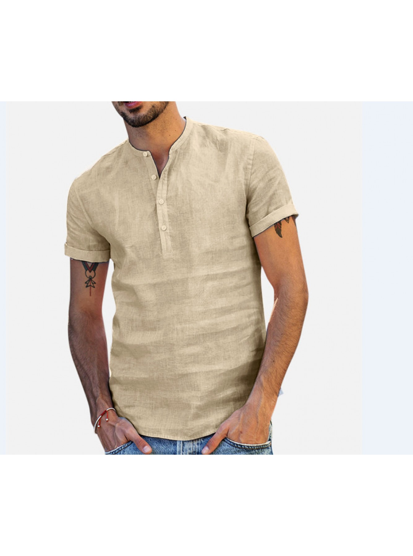 Men's Cotton Linen Fashion Casual Stand Collar Shirt