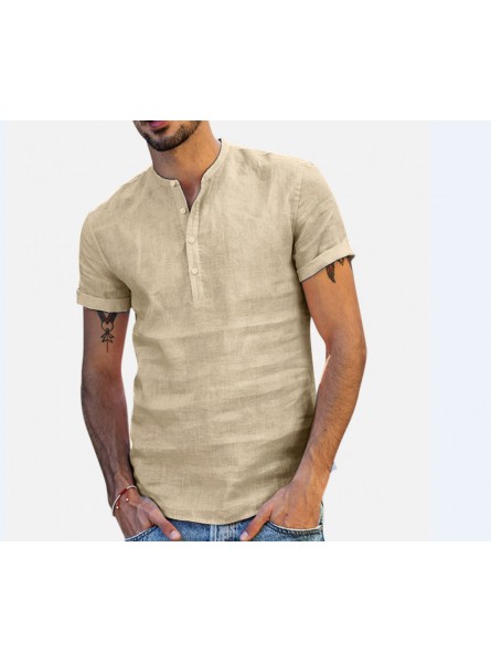 Men Stand Collar Short Sleeve V-Neck Cotton Linen Shirt