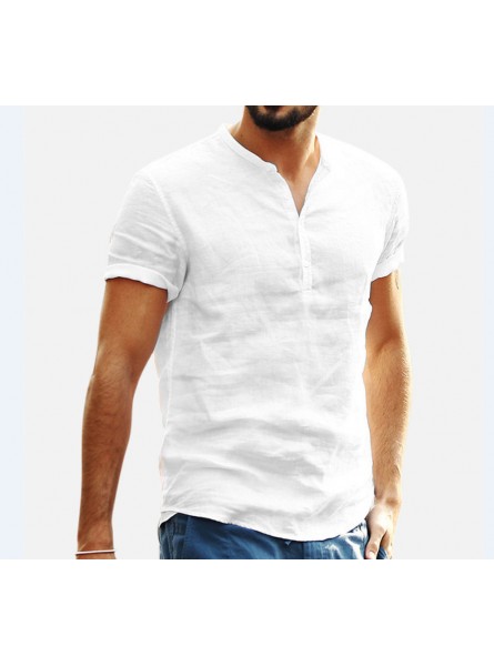 Men Stand Collar Short Sleeve V-Neck Cotton Linen Shirt