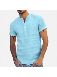 Men Stand Collar Short Sleeve V-Neck Cotton Linen Shirt