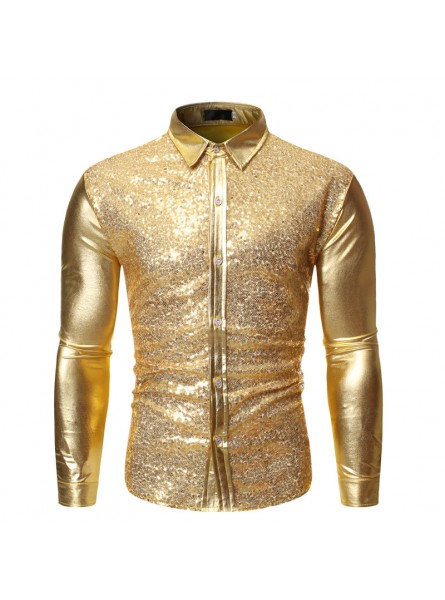 Men Fashion Lapel Sequin Bronzing Long-Sleeved Shirt