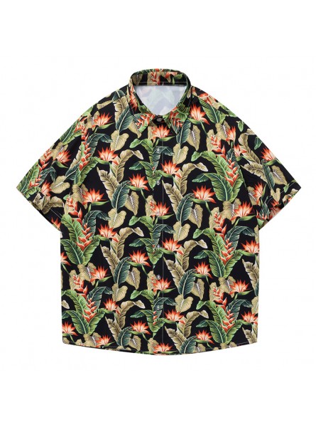 Men Fashion Casual Holiday Hawaii Tiny Flower Print Short Sleeve Lapel Shirt