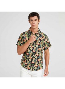 Men Fashion Casual Holiday Hawaii Tiny Flower Print Short Sleeve Lapel Shirt