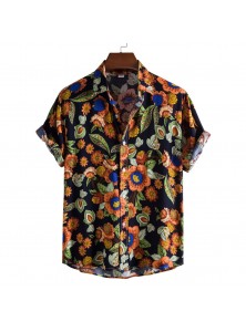 Men Fashion Leisure Holiday Beach Tiny Flower Print Short Sleeve Lapel Shirt