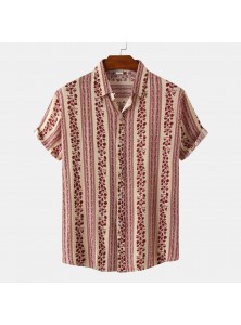 Men Fashion Leisure Holiday Tiny Flower Stripe Print Short Sleeve Lapel Shirt